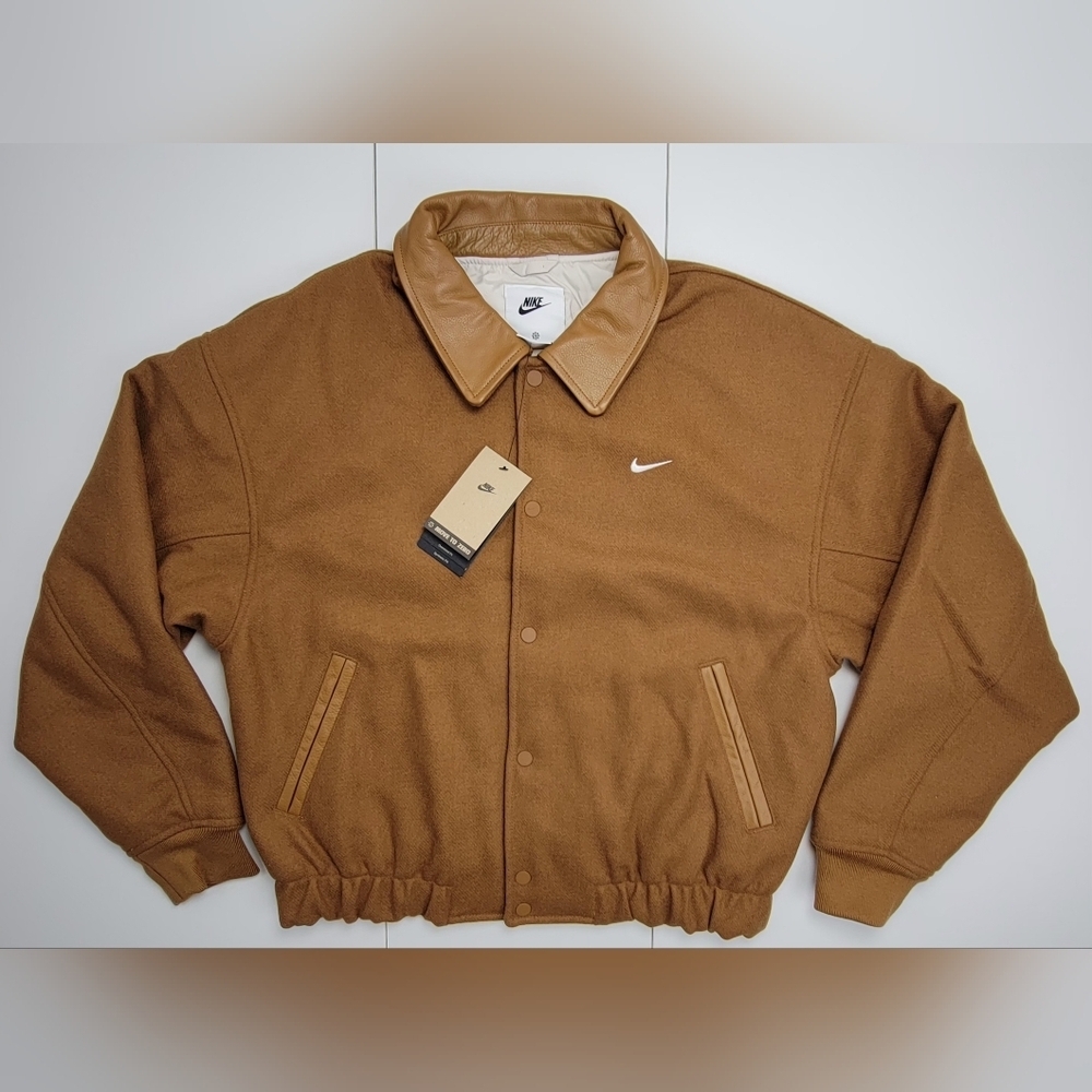 Nike Solo Swoosh Wool Varsity Jacket Leather Brown FZ1168-281 Men’s Sz Small NEW